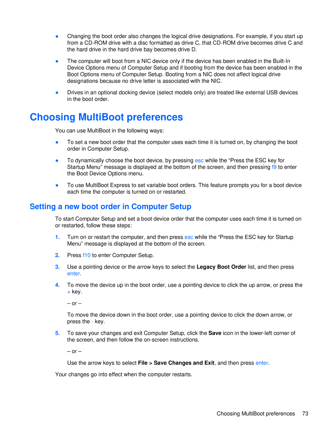 HP XU103UT manual Choosing MultiBoot preferences, Setting a new boot order in Computer Setup 