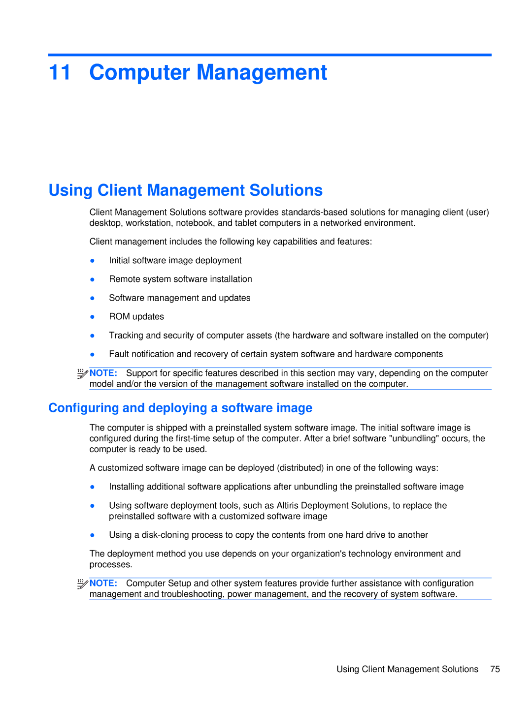 HP XU103UT manual Computer Management, Using Client Management Solutions, Configuring and deploying a software image 