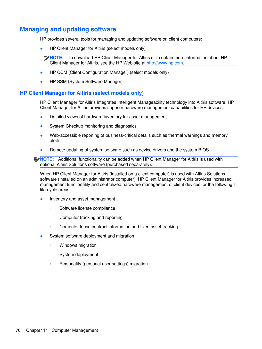 HP XU103UT manual Managing and updating software, HP Client Manager for Altiris select models only 