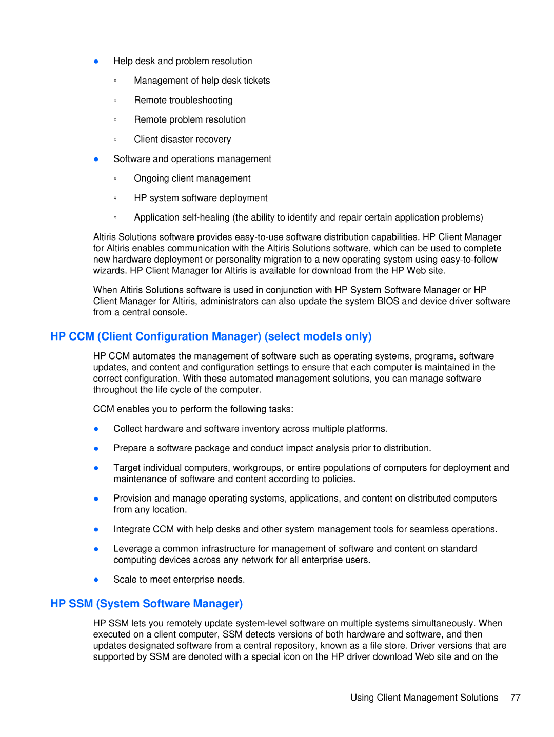 HP XU103UT manual HP CCM Client Configuration Manager select models only, HP SSM System Software Manager 