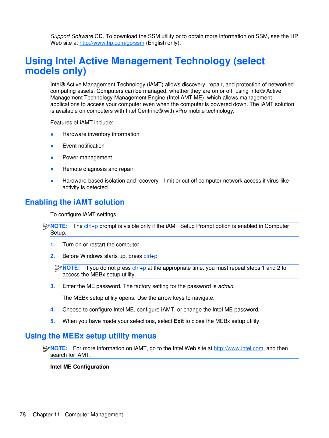 HP XU103UT Using Intel Active Management Technology select models only, Enabling the iAMT solution, Intel ME Configuration 