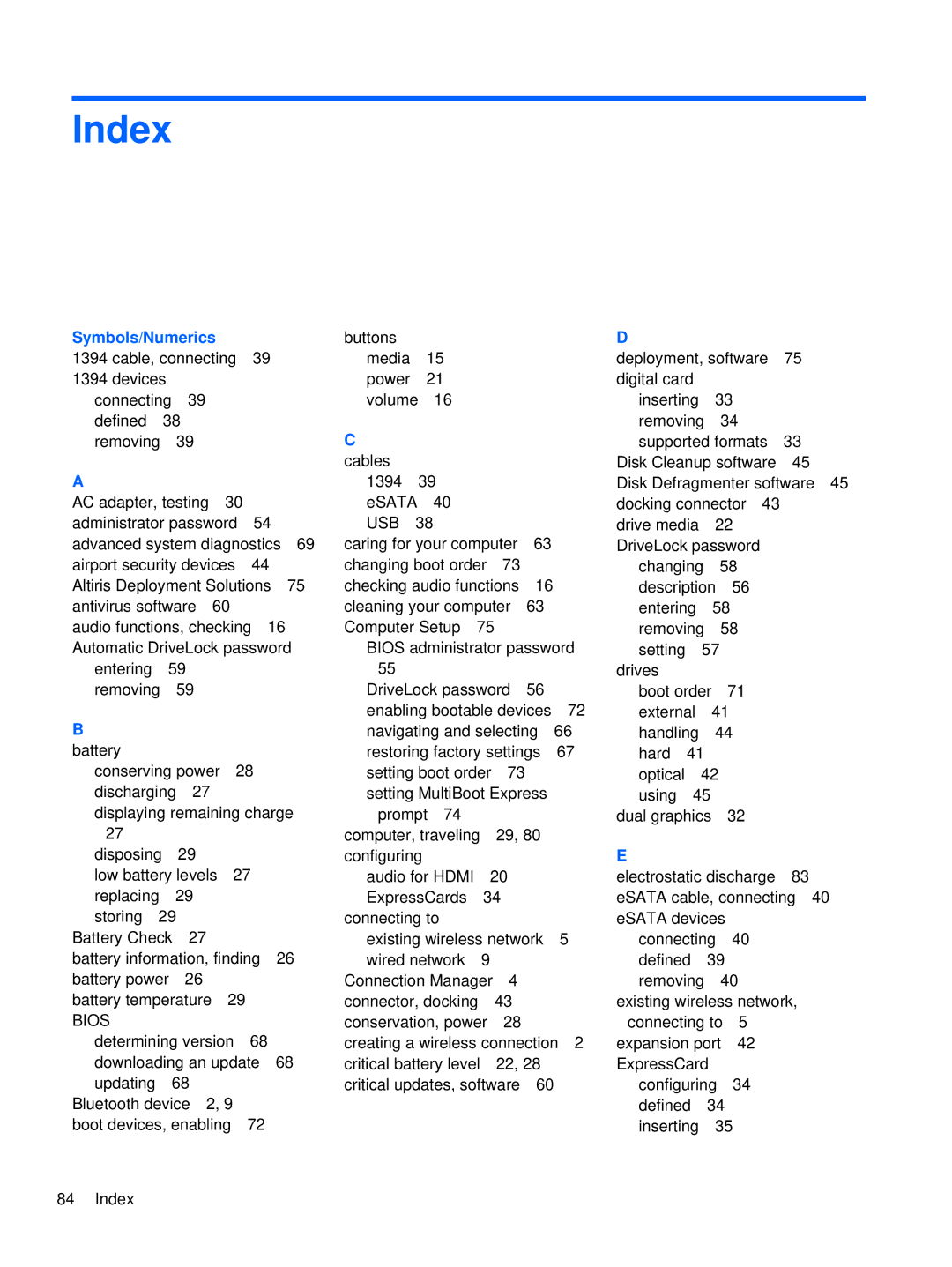 HP XU103UT manual Index, Symbols/Numerics 