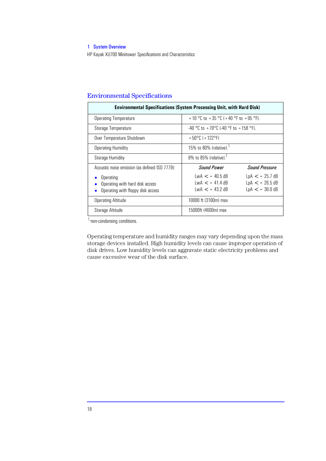 HP XU700 manual Environmental Specifications, Operating LwA = 40.5 dB, Operating with hard disk access LwA = 41.4 dB 