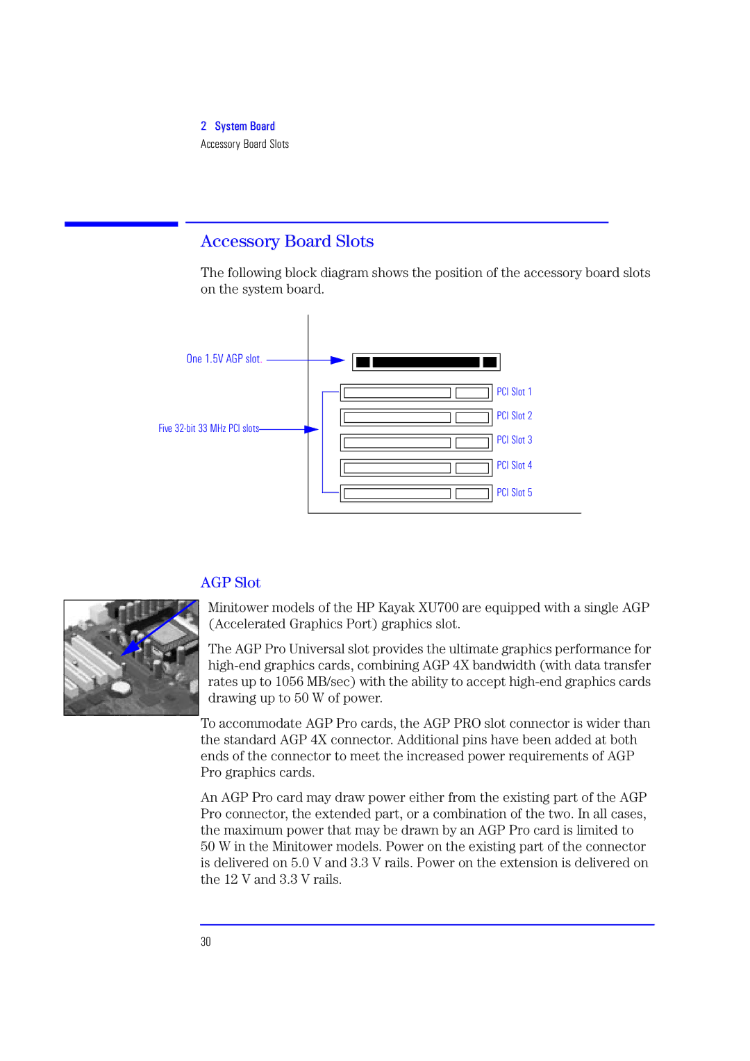 HP XU700 manual Accessory Board Slots, AGP Slot 