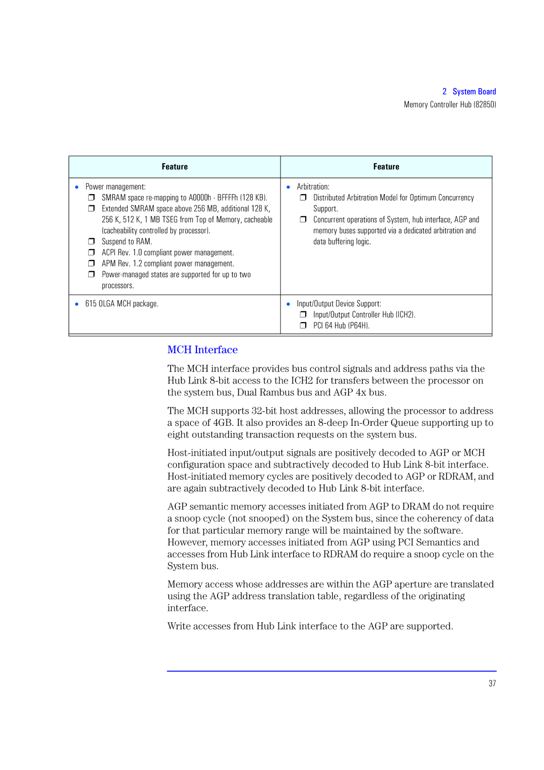 HP XU700 manual MCH Interface, Power management Arbitration, Support, Cacheability controlled by processor 