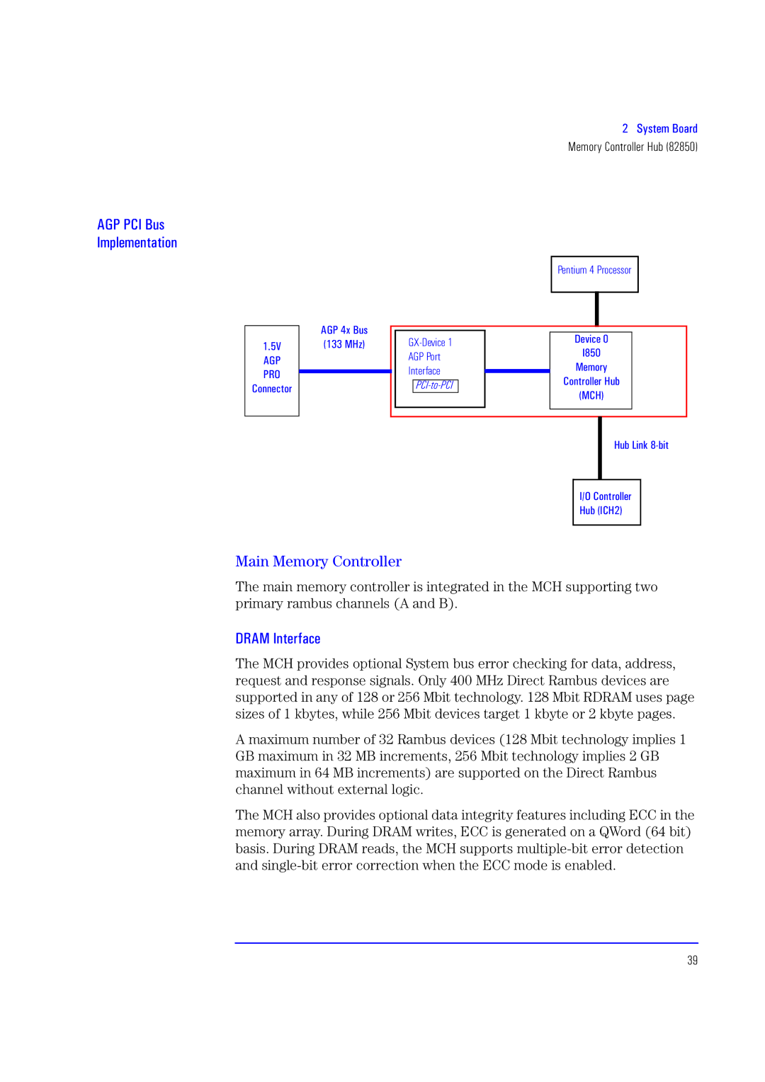 HP XU700 manual AGP PCI Bus Implementation, Main Memory Controller, Dram Interface 