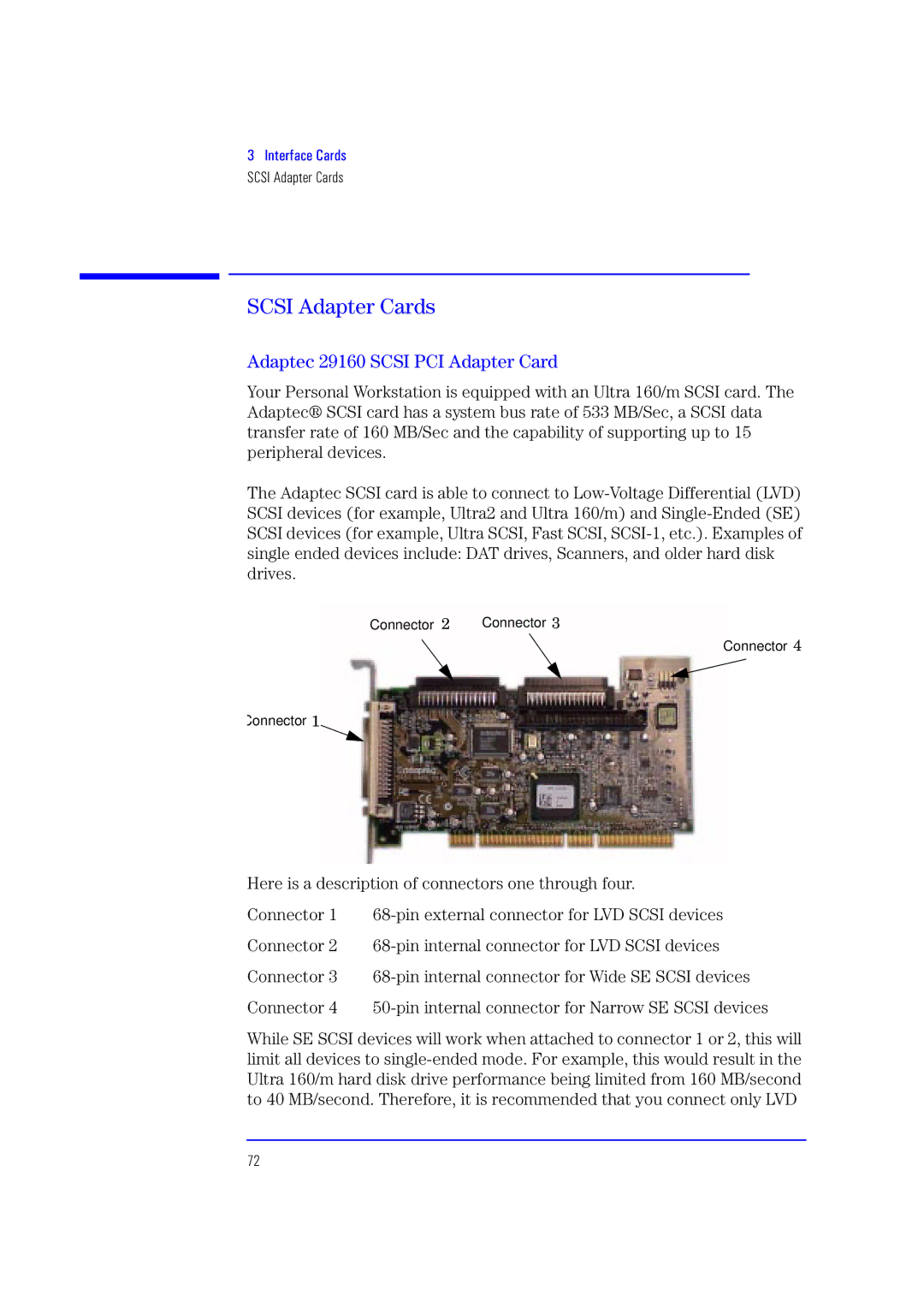 HP XU700 manual Scsi Adapter Cards, Adaptec 29160 Scsi PCI Adapter Card 