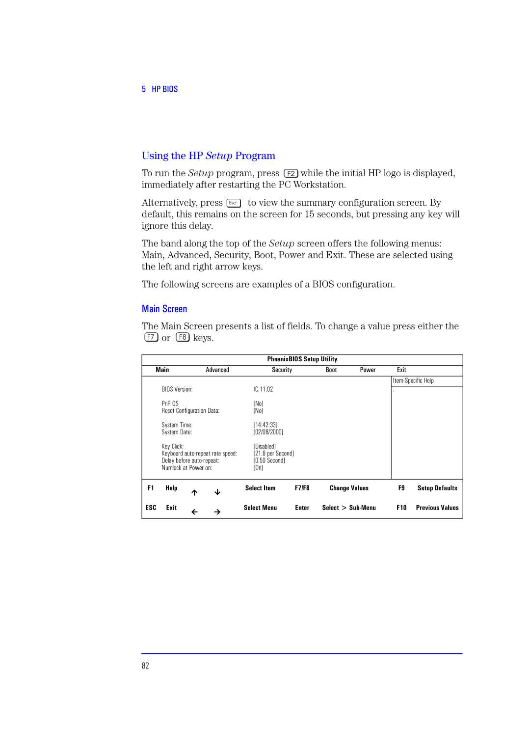 HP XU700 manual Using the HP Setup Program, Main Screen 