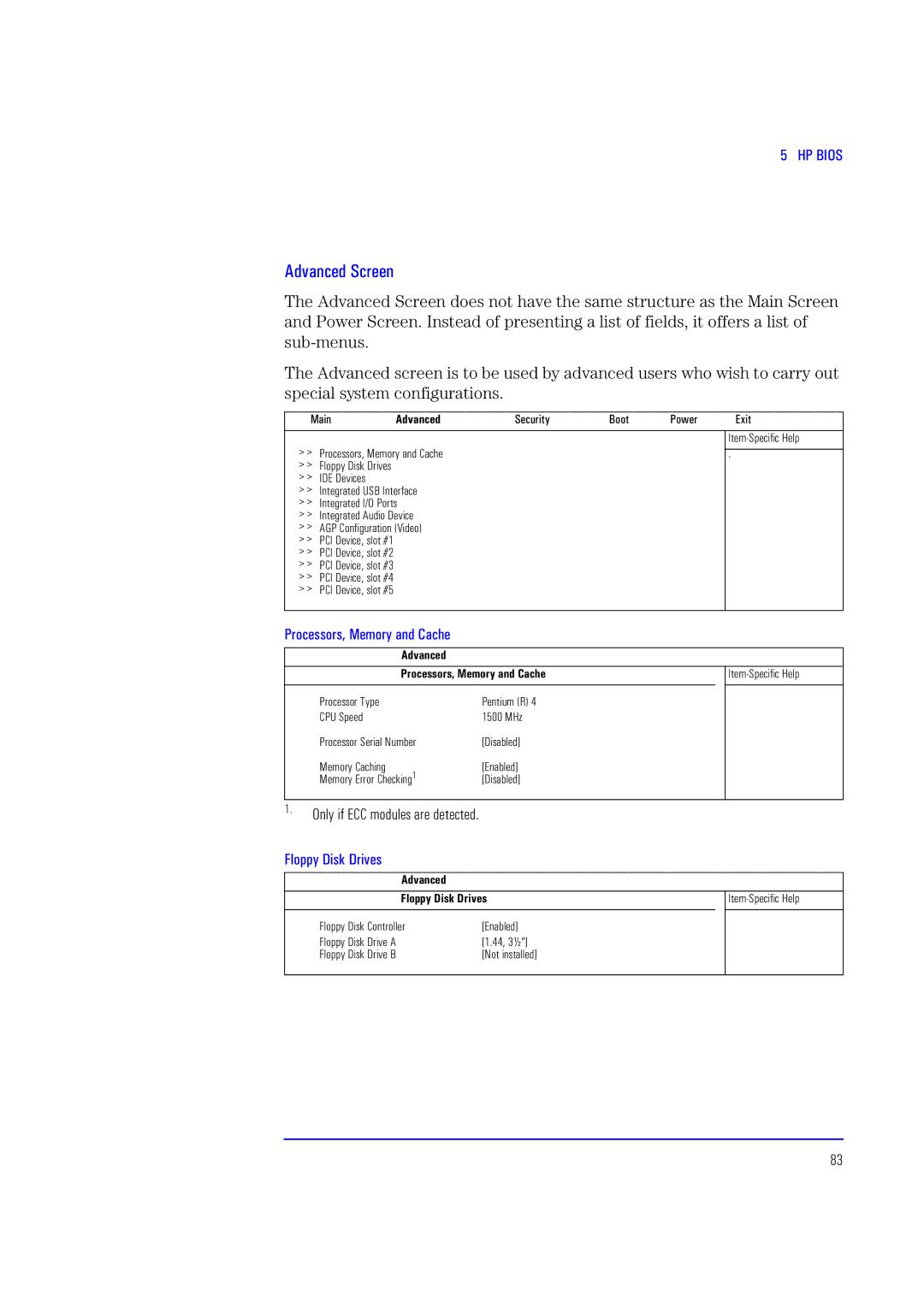 HP XU700 manual Advanced Screen, Only if ECC modules are detected 