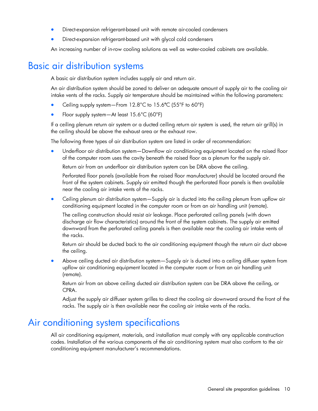 HP xw2x220c Blade manual Basic air distribution systems, Air conditioning system specifications 