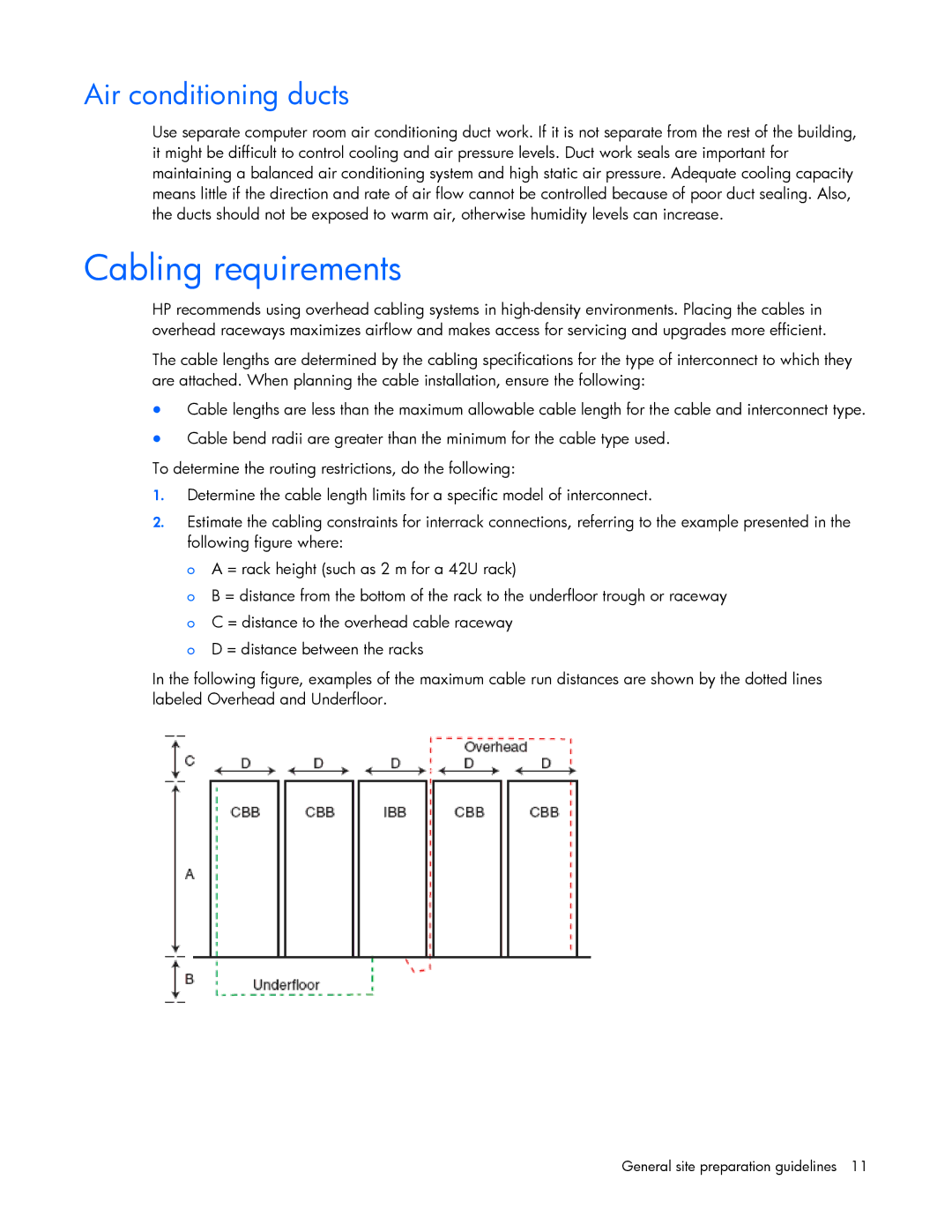 HP xw2x220c Blade manual Cabling requirements, Air conditioning ducts 