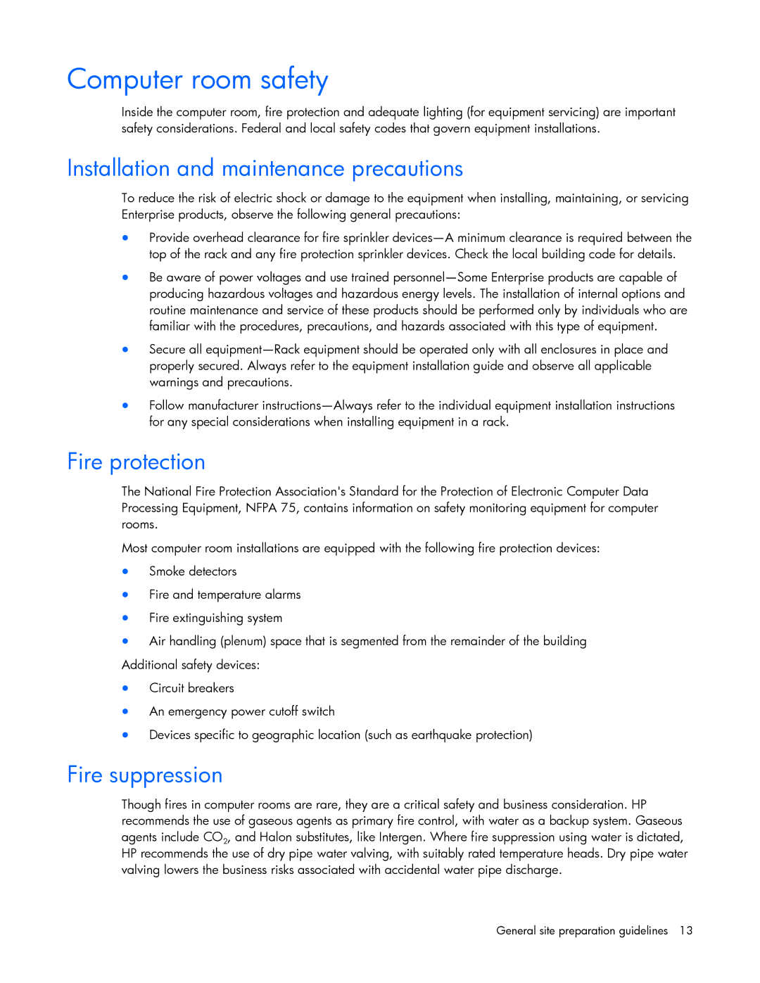 HP xw2x220c Blade manual Computer room safety, Installation and maintenance precautions, Fire protection, Fire suppression 