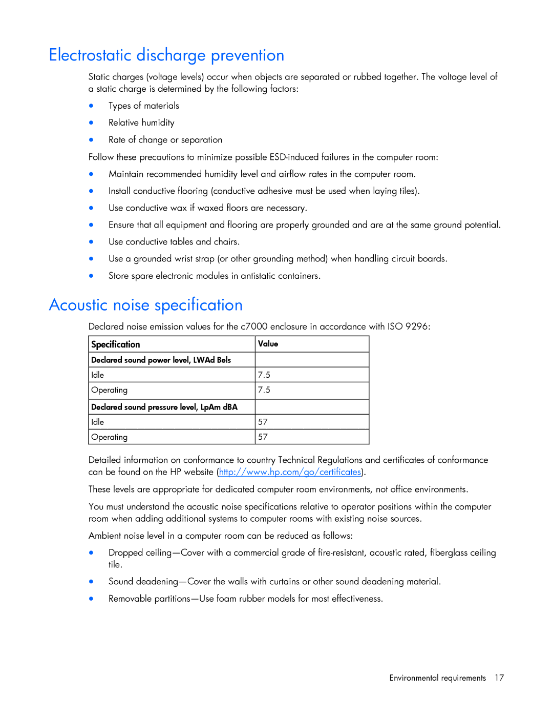 HP xw2x220c Blade manual Electrostatic discharge prevention, Acoustic noise specification 