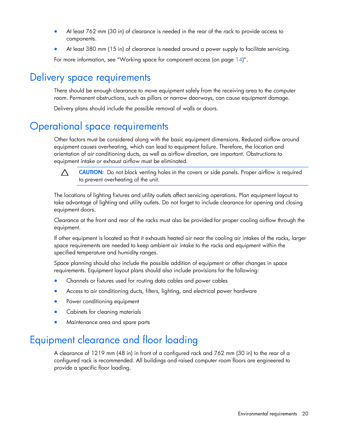 HP xw2x220c Blade manual Delivery space requirements, Operational space requirements, Equipment clearance and floor loading 