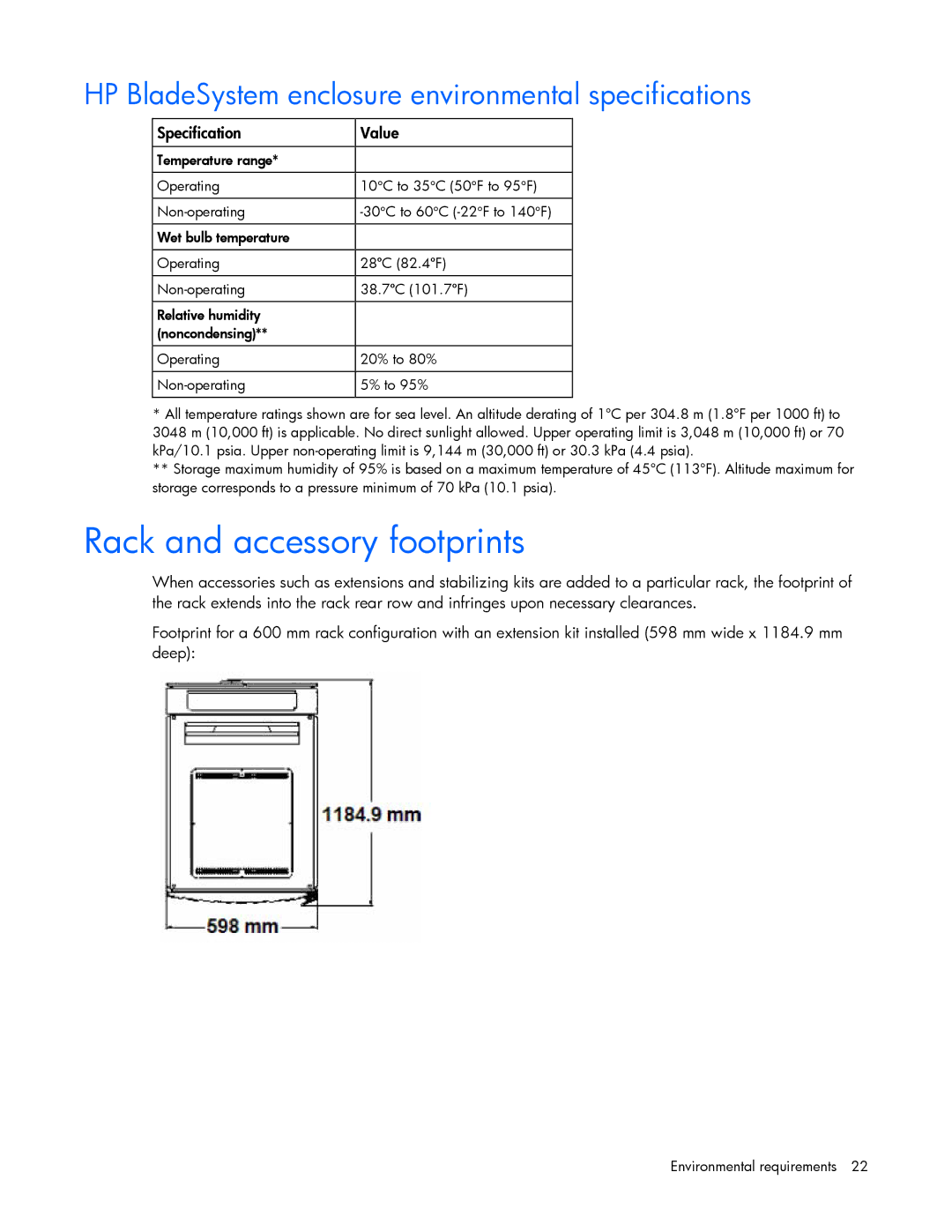 HP xw2x220c Blade manual Rack and accessory footprints, HP BladeSystem enclosure environmental specifications 