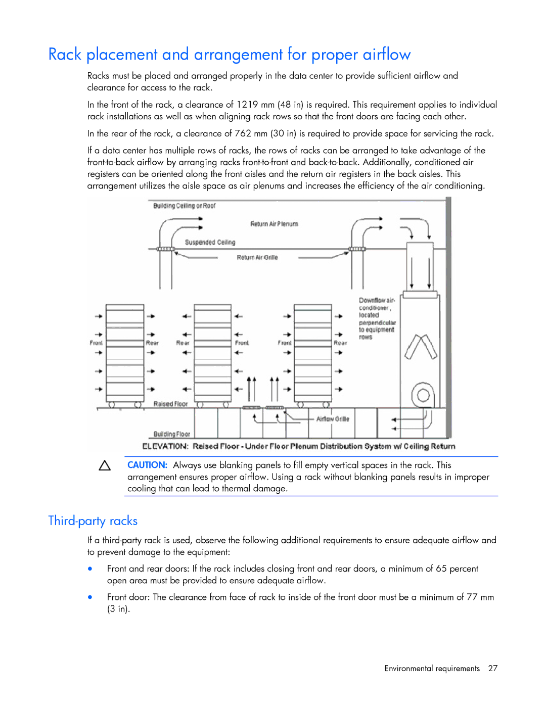 HP xw2x220c Blade manual Rack placement and arrangement for proper airflow, Third-party racks 