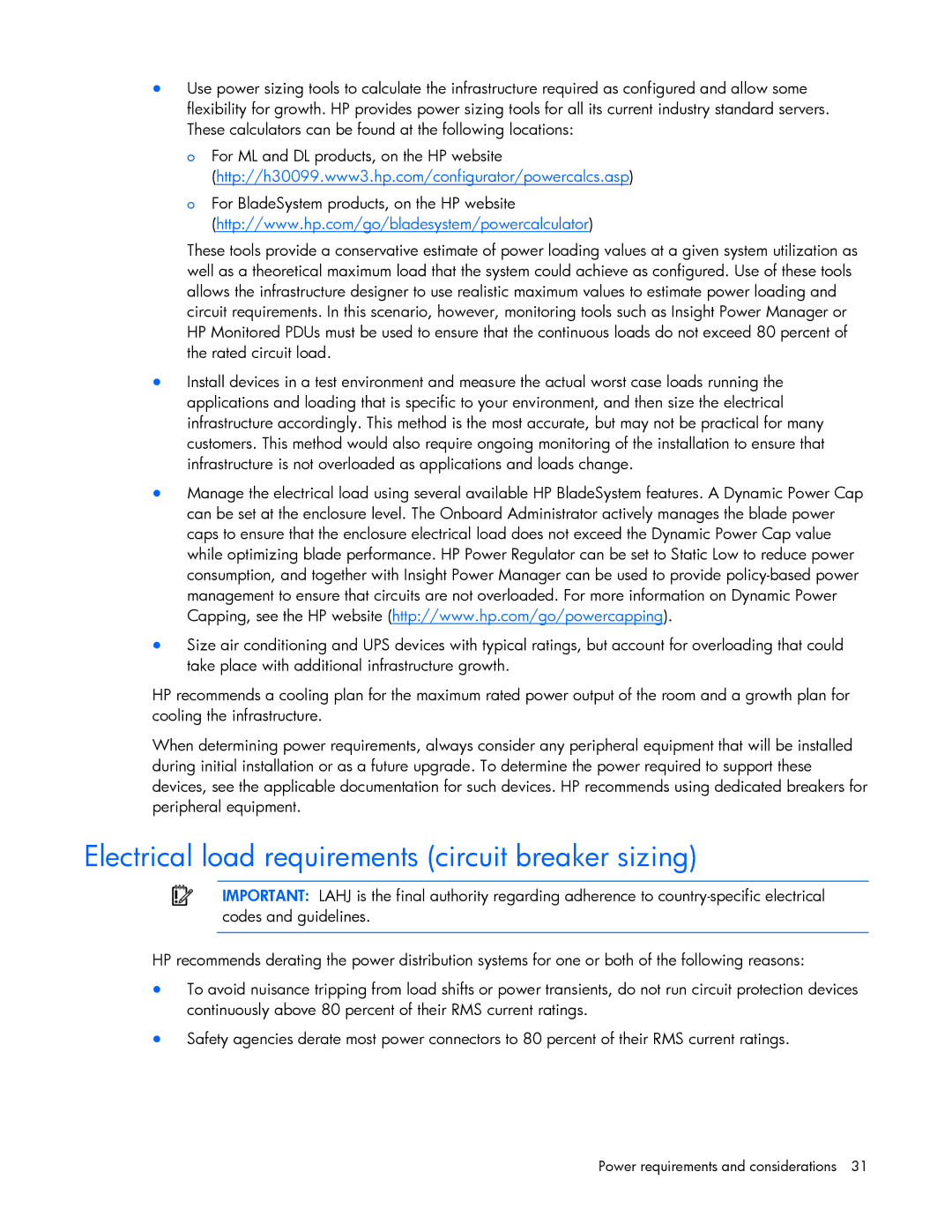 HP xw2x220c Blade manual Electrical load requirements circuit breaker sizing 