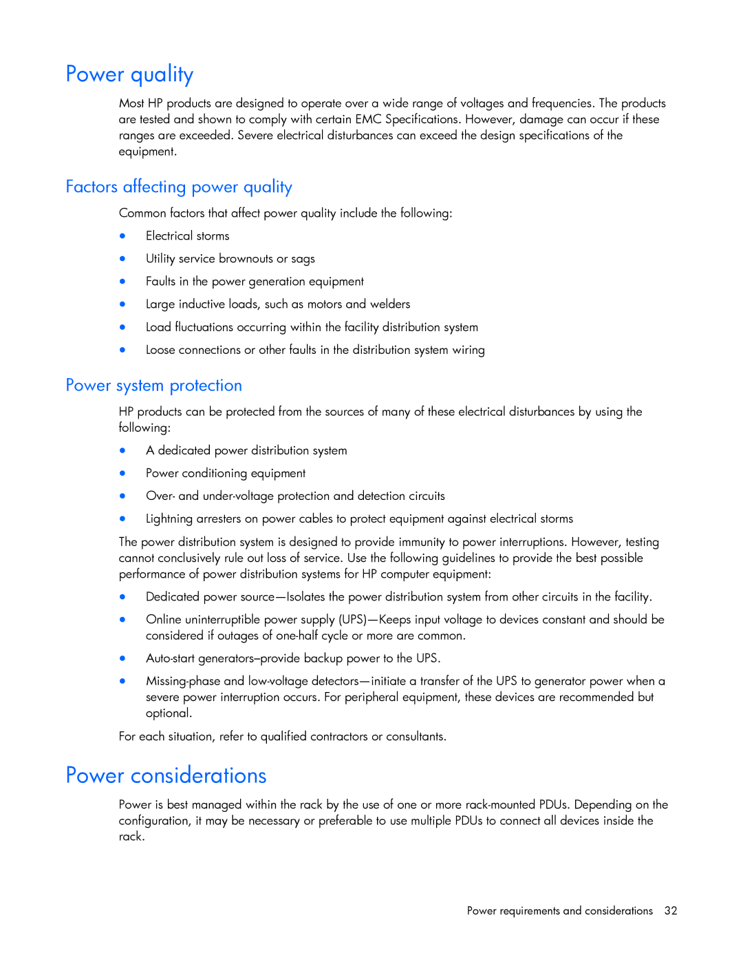 HP xw2x220c Blade manual Power quality, Power considerations, Factors affecting power quality, Power system protection 