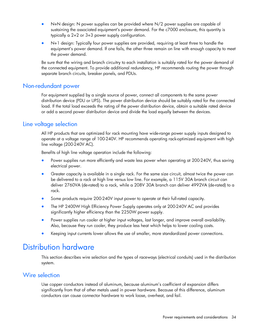 HP xw2x220c Blade manual Distribution hardware, Non-redundant power, Line voltage selection, Wire selection 