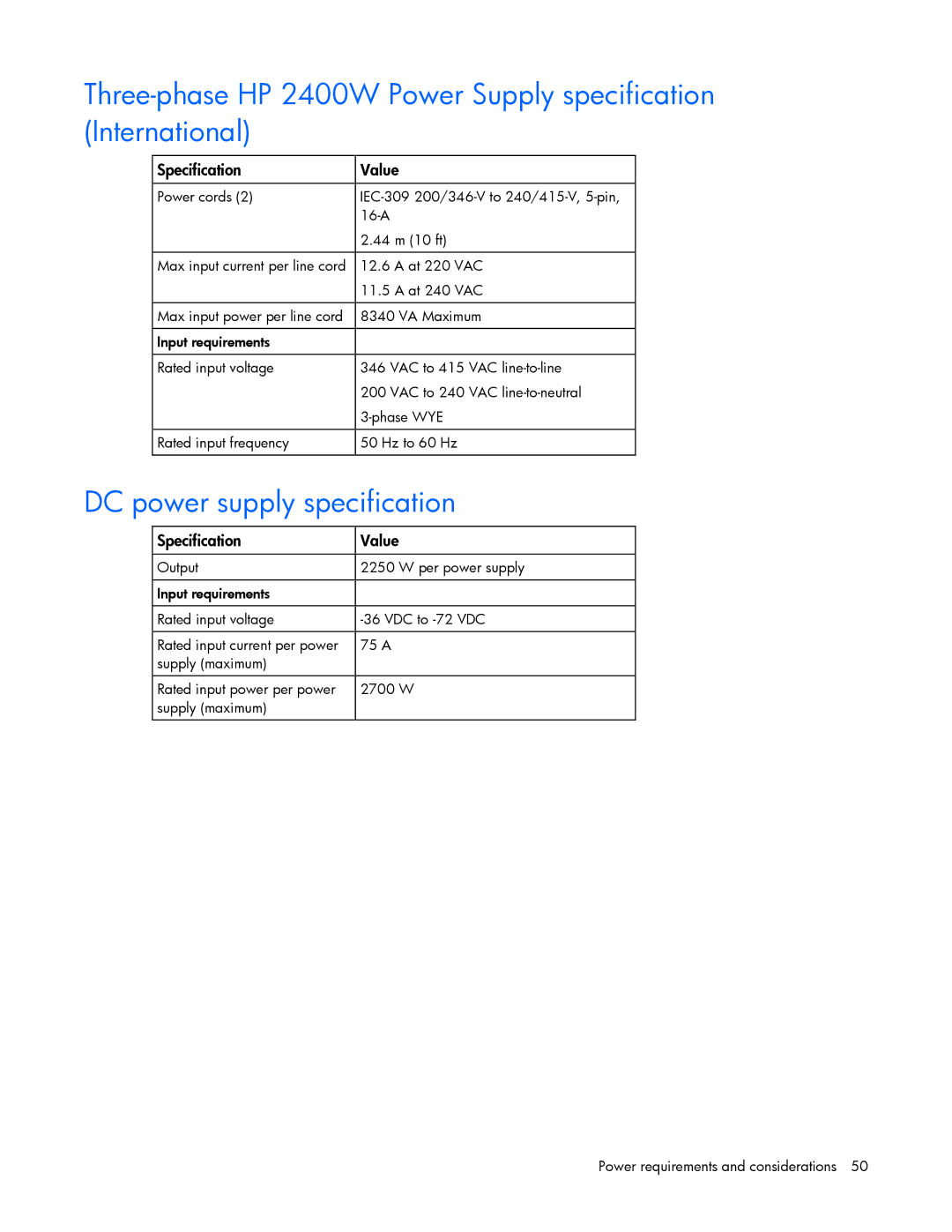 HP xw2x220c Blade manual DC power supply specification 