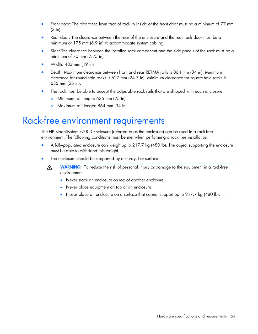 HP xw2x220c Blade manual Rack-free environment requirements 