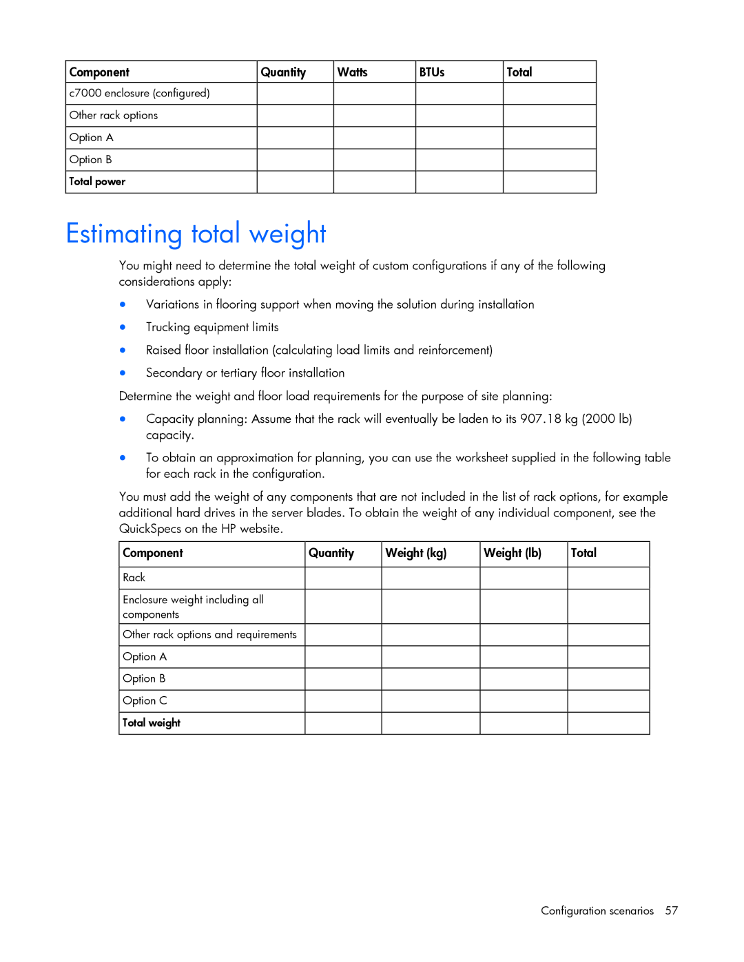 HP xw2x220c Blade manual Estimating total weight 