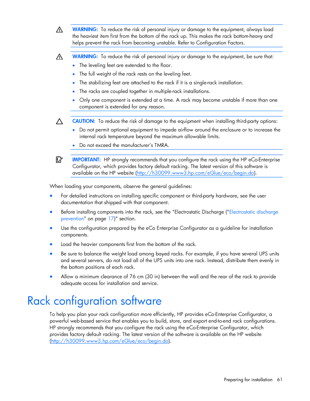 HP xw2x220c Blade manual Rack configuration software 