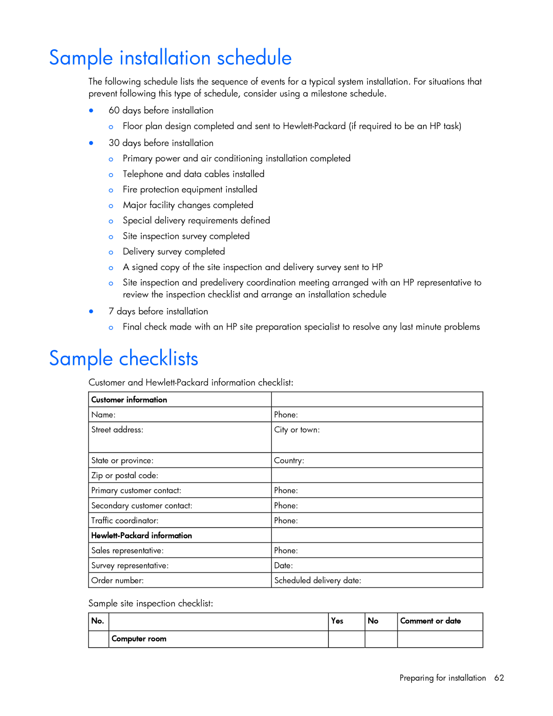 HP xw2x220c Blade manual Sample installation schedule, Sample checklists 