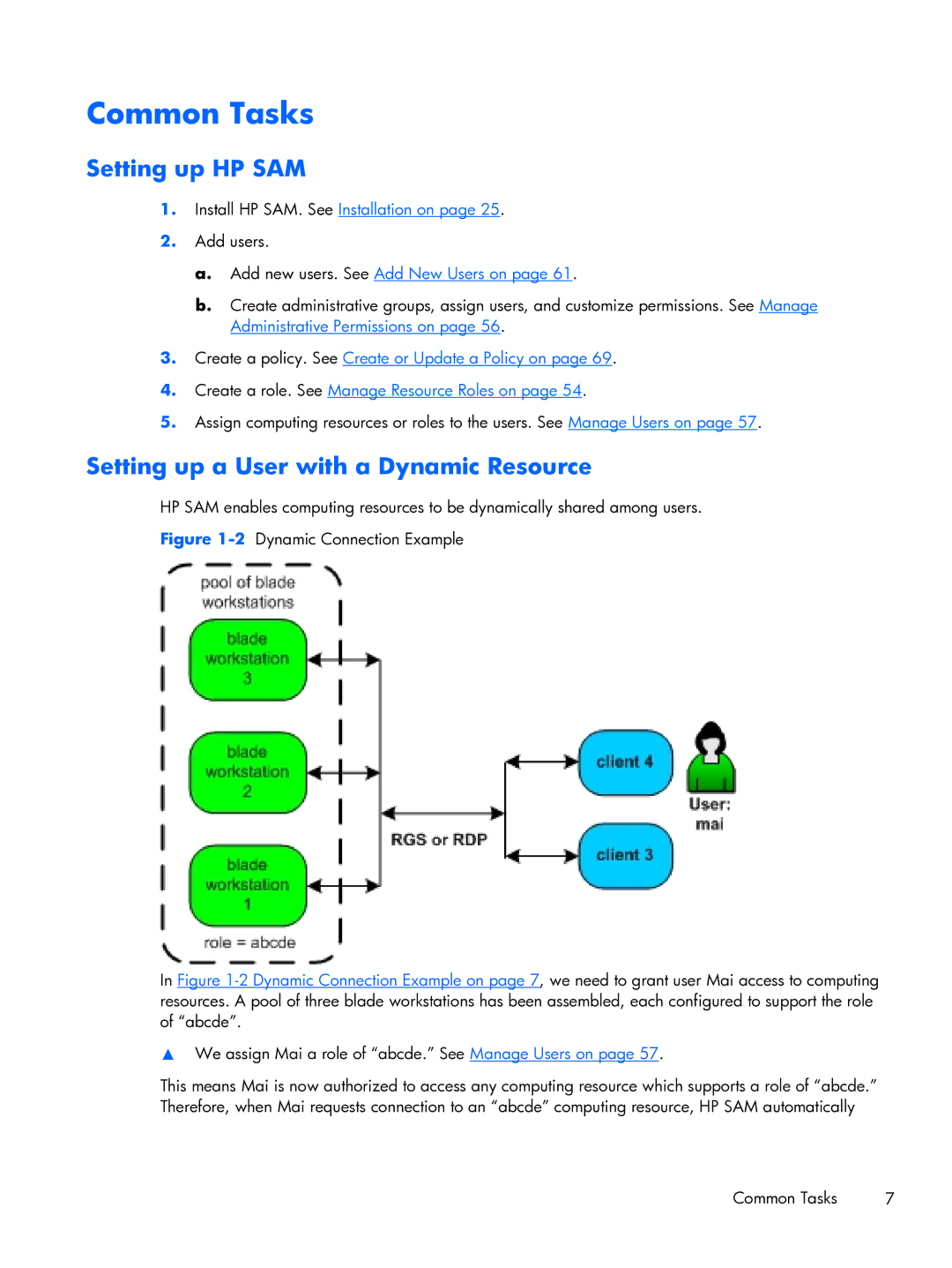 HP xw2x220c manual Common Tasks, Setting up HP SAM, Setting up a User with a Dynamic Resource 