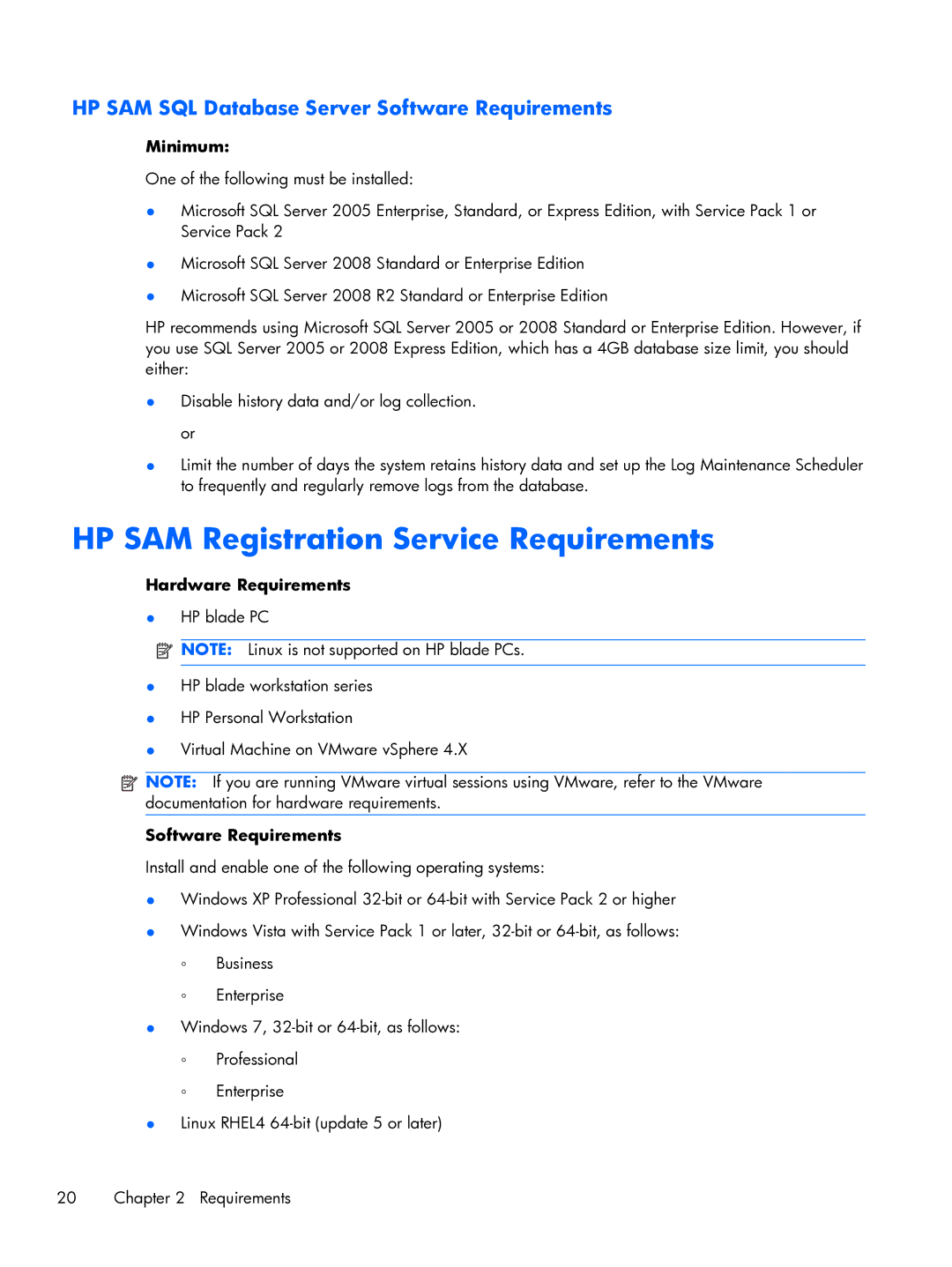 HP xw2x220c manual HP SAM Registration Service Requirements, HP SAM SQL Database Server Software Requirements 