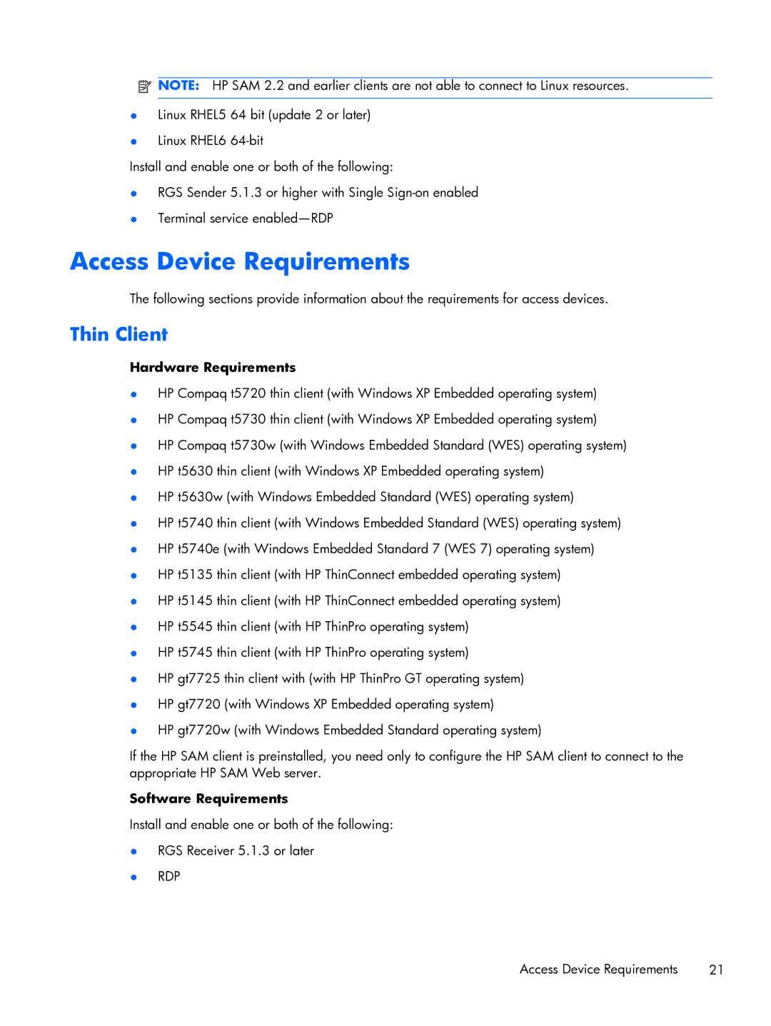 HP xw2x220c manual Access Device Requirements, Thin Client 