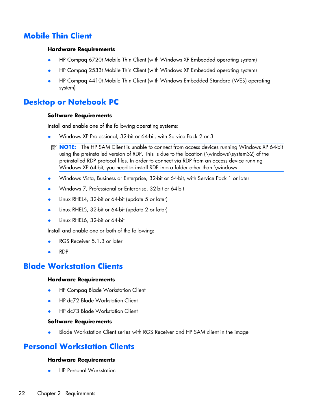 HP xw2x220c manual Mobile Thin Client, Desktop or Notebook PC, Blade Workstation Clients, Personal Workstation Clients 