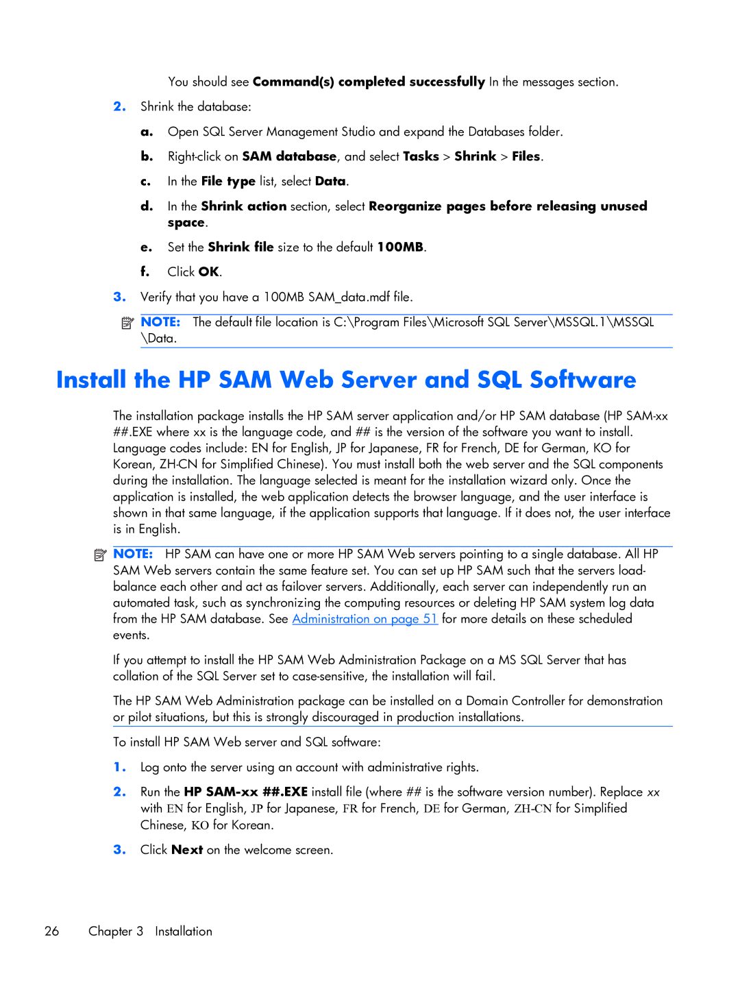 HP xw2x220c manual Install the HP SAM Web Server and SQL Software 