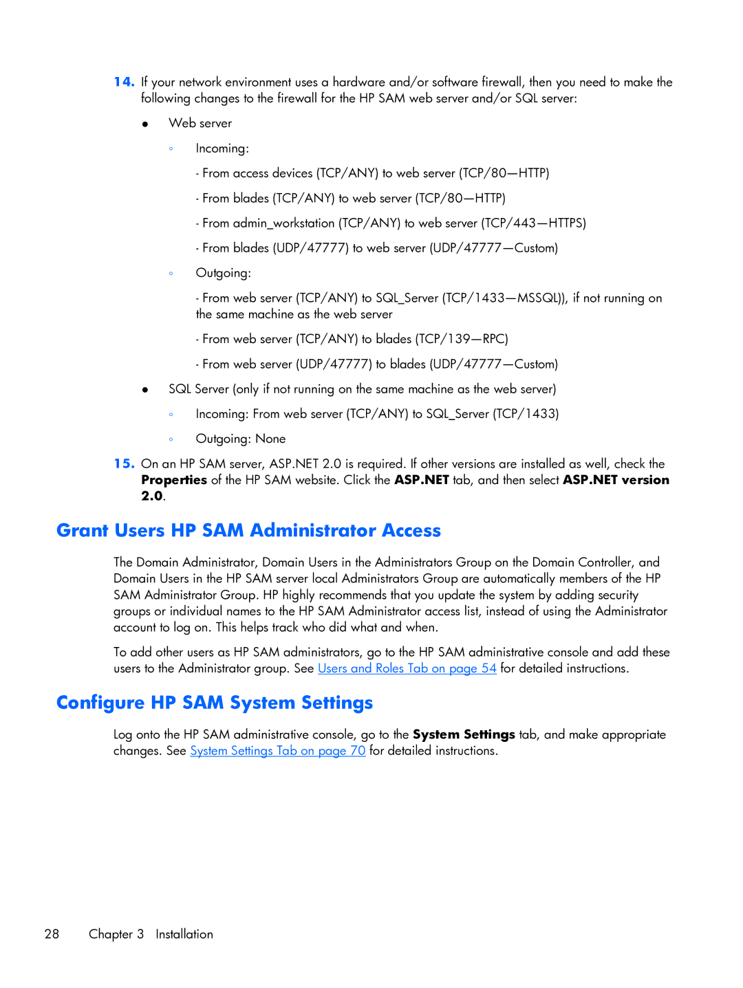 HP xw2x220c manual Grant Users HP SAM Administrator Access, Configure HP SAM System Settings 