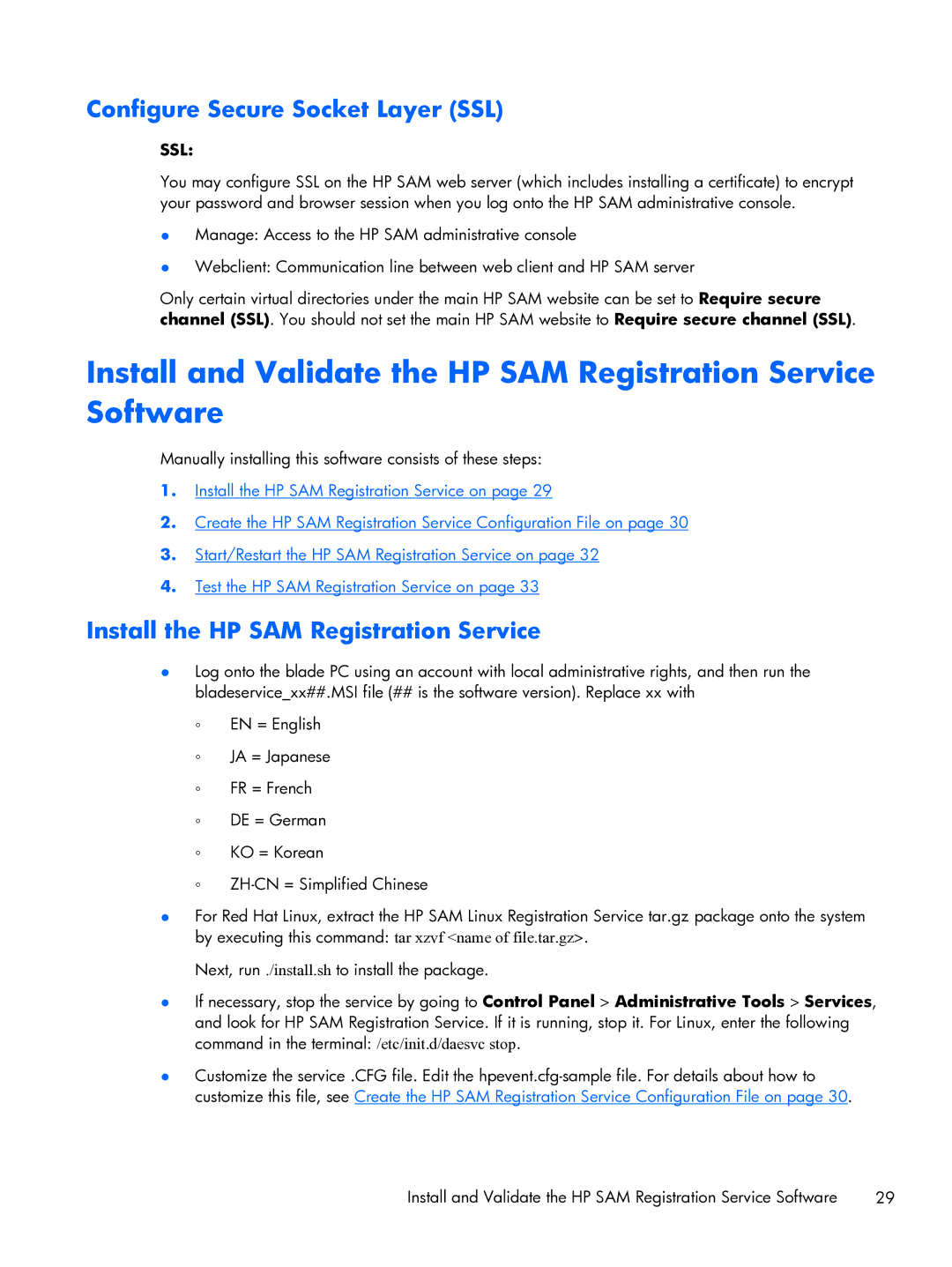 HP xw2x220c manual Configure Secure Socket Layer SSL, Install the HP SAM Registration Service 