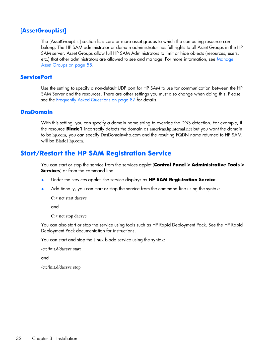 HP xw2x220c manual Start/Restart the HP SAM Registration Service, AssetGroupList, ServicePort, DnsDomain 