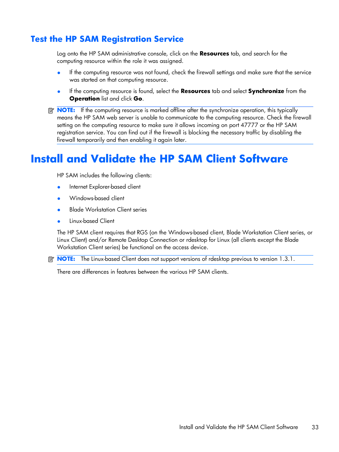 HP xw2x220c manual Install and Validate the HP SAM Client Software, Test the HP SAM Registration Service 