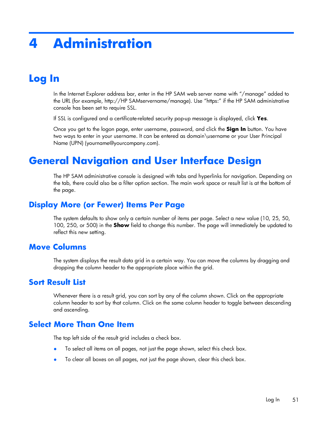 HP xw2x220c manual Administration, Log, General Navigation and User Interface Design 