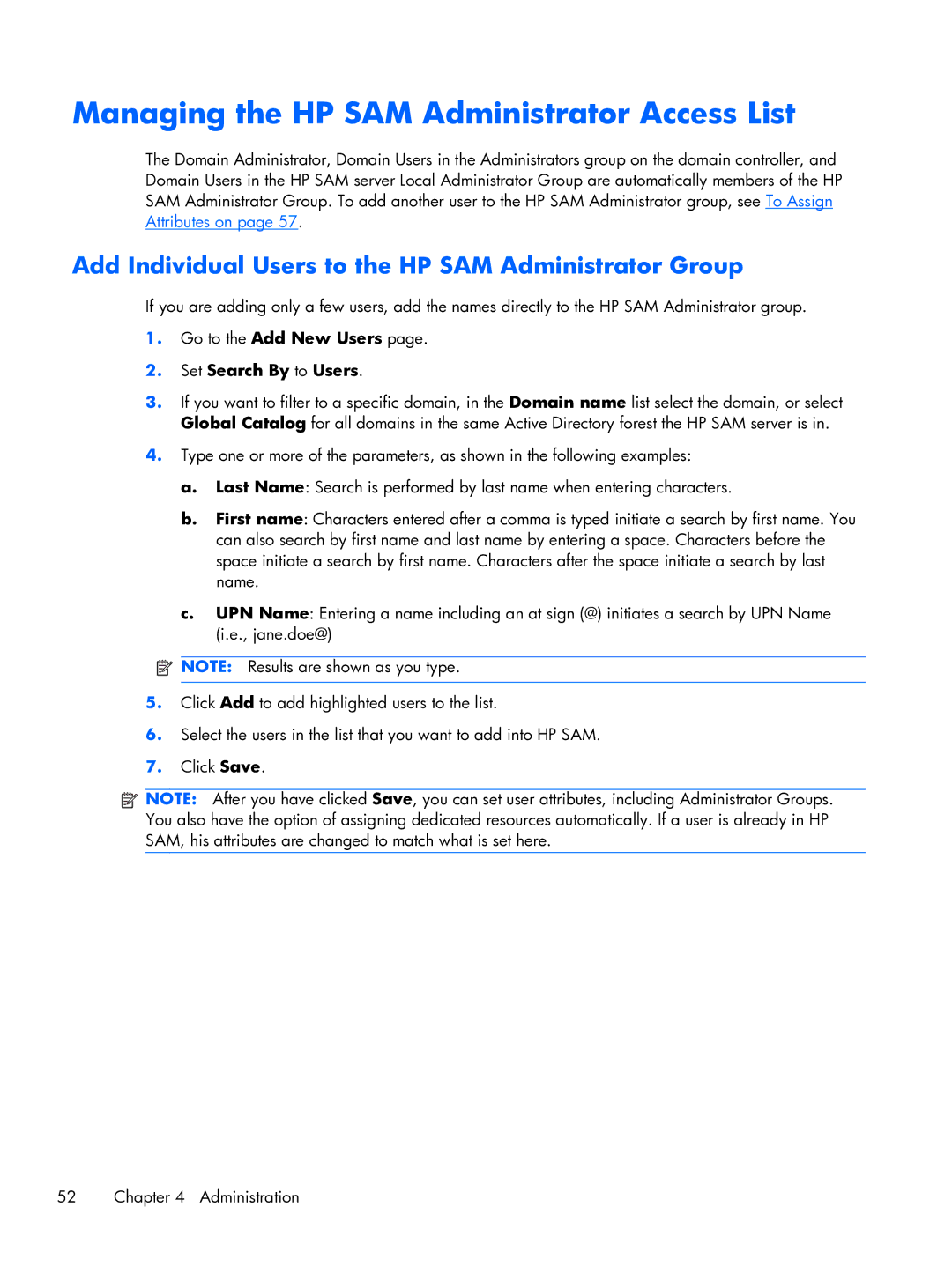 HP xw2x220c manual Managing the HP SAM Administrator Access List, Add Individual Users to the HP SAM Administrator Group 