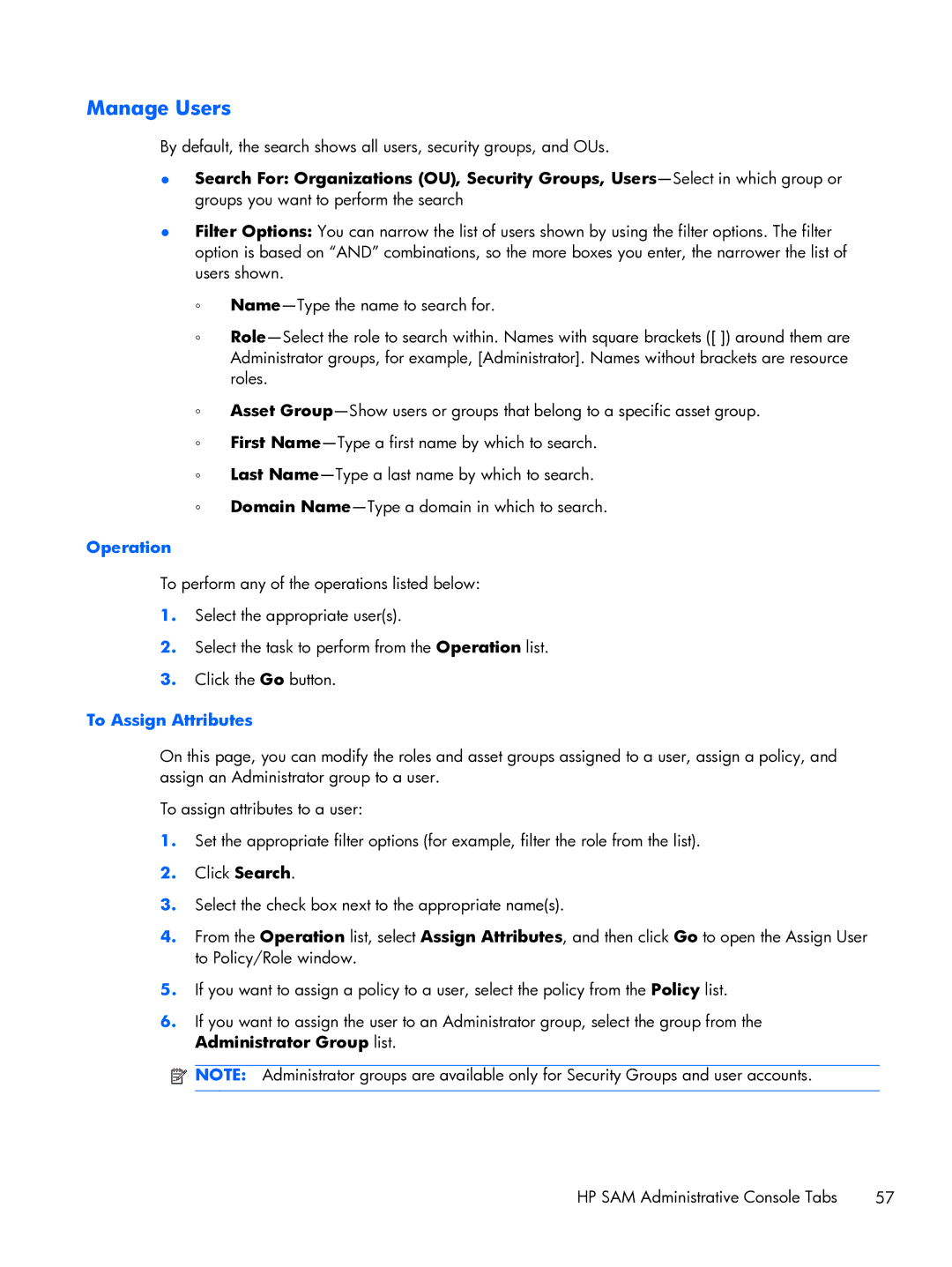 HP xw2x220c manual Manage Users, Operation, To Assign Attributes 