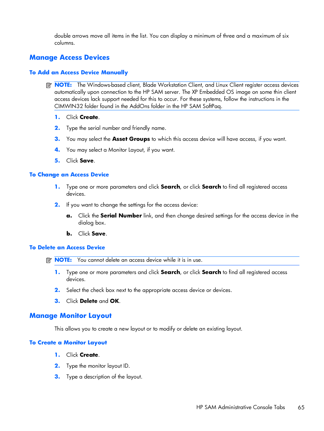 HP xw2x220c manual Manage Access Devices, Manage Monitor Layout 