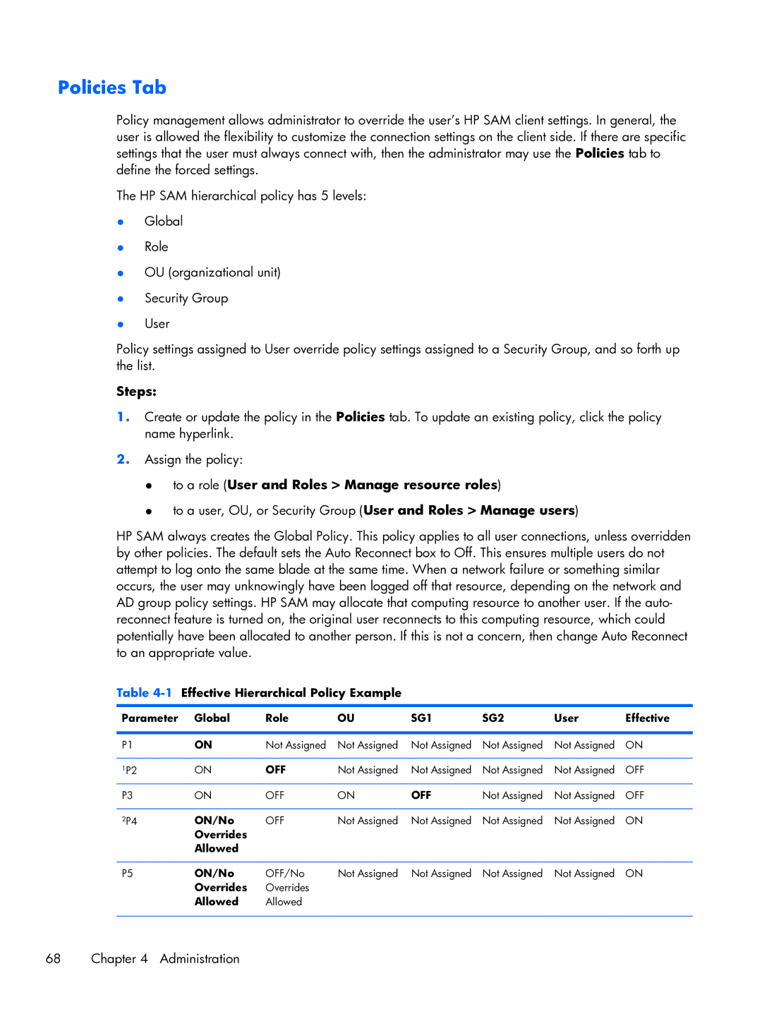 HP xw2x220c manual Policies Tab, Steps, To a role User and Roles Manage resource roles 