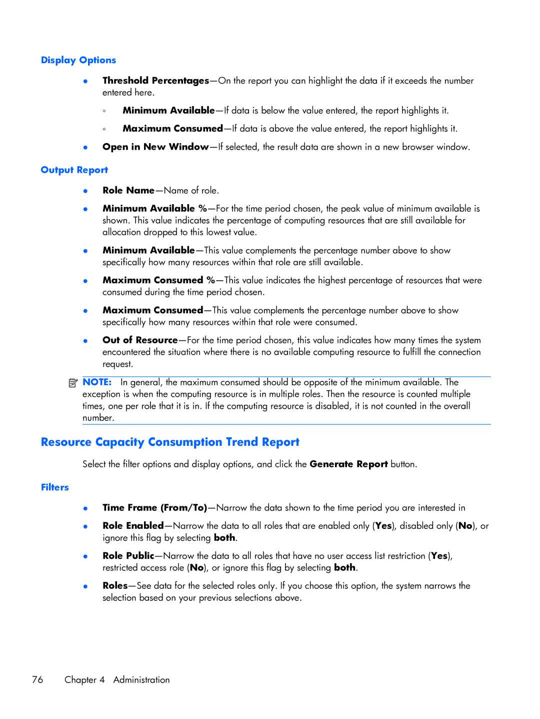 HP xw2x220c manual Resource Capacity Consumption Trend Report, Display Options, Output Report 