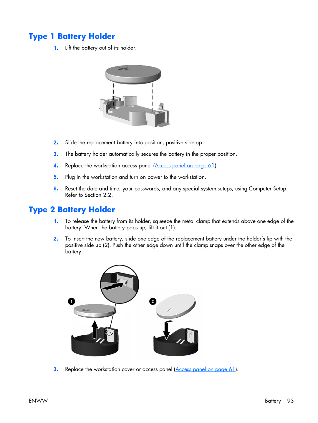 HP XW3400 manual Type 1 Battery Holder, Type 2 Battery Holder 