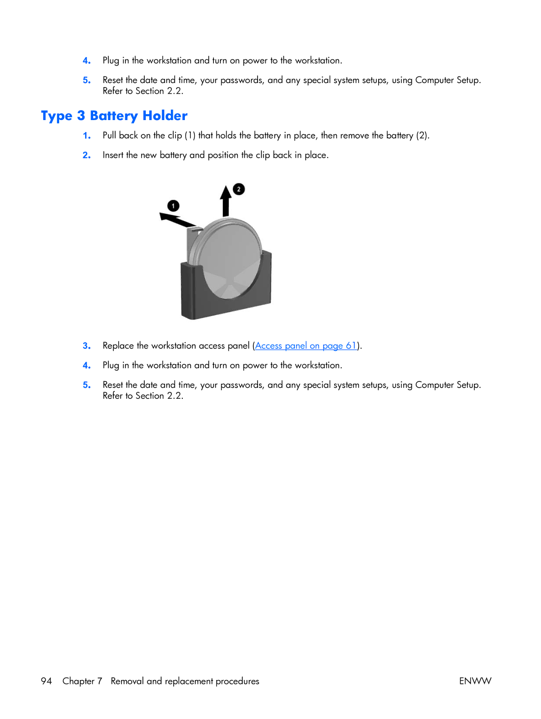 HP XW3400 manual Type 3 Battery Holder 