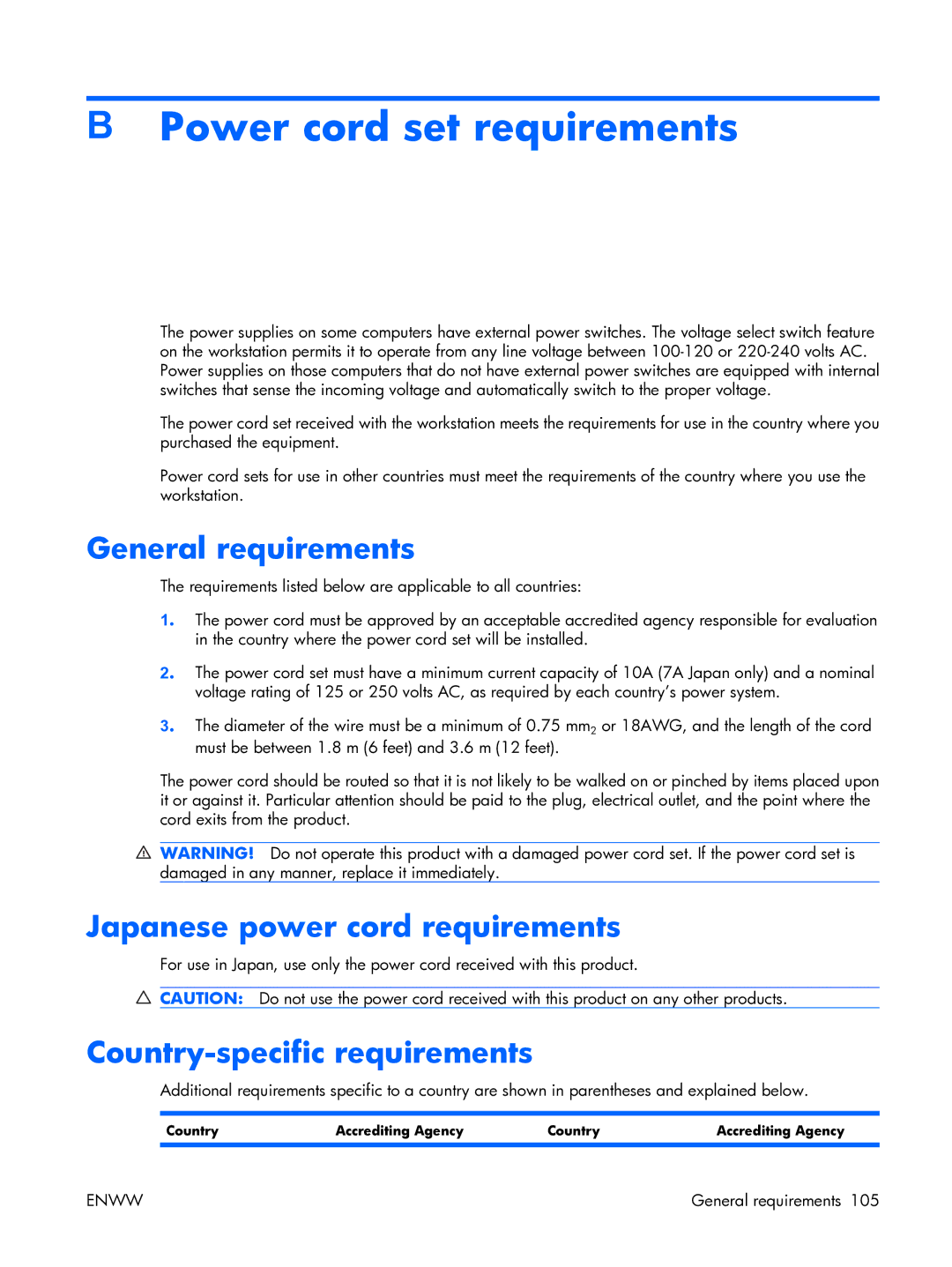 HP XW3400 Power cord set requirements, General requirements, Japanese power cord requirements, Country Accrediting Agency 