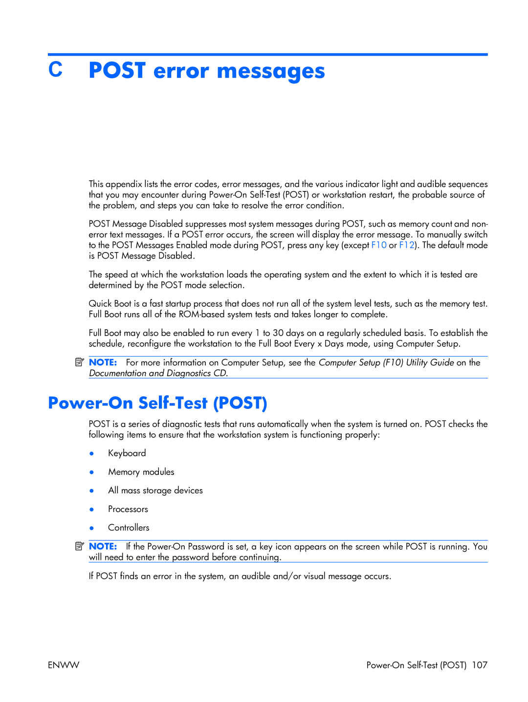 HP XW3400 manual Post error messages, Power-On Self-Test Post 