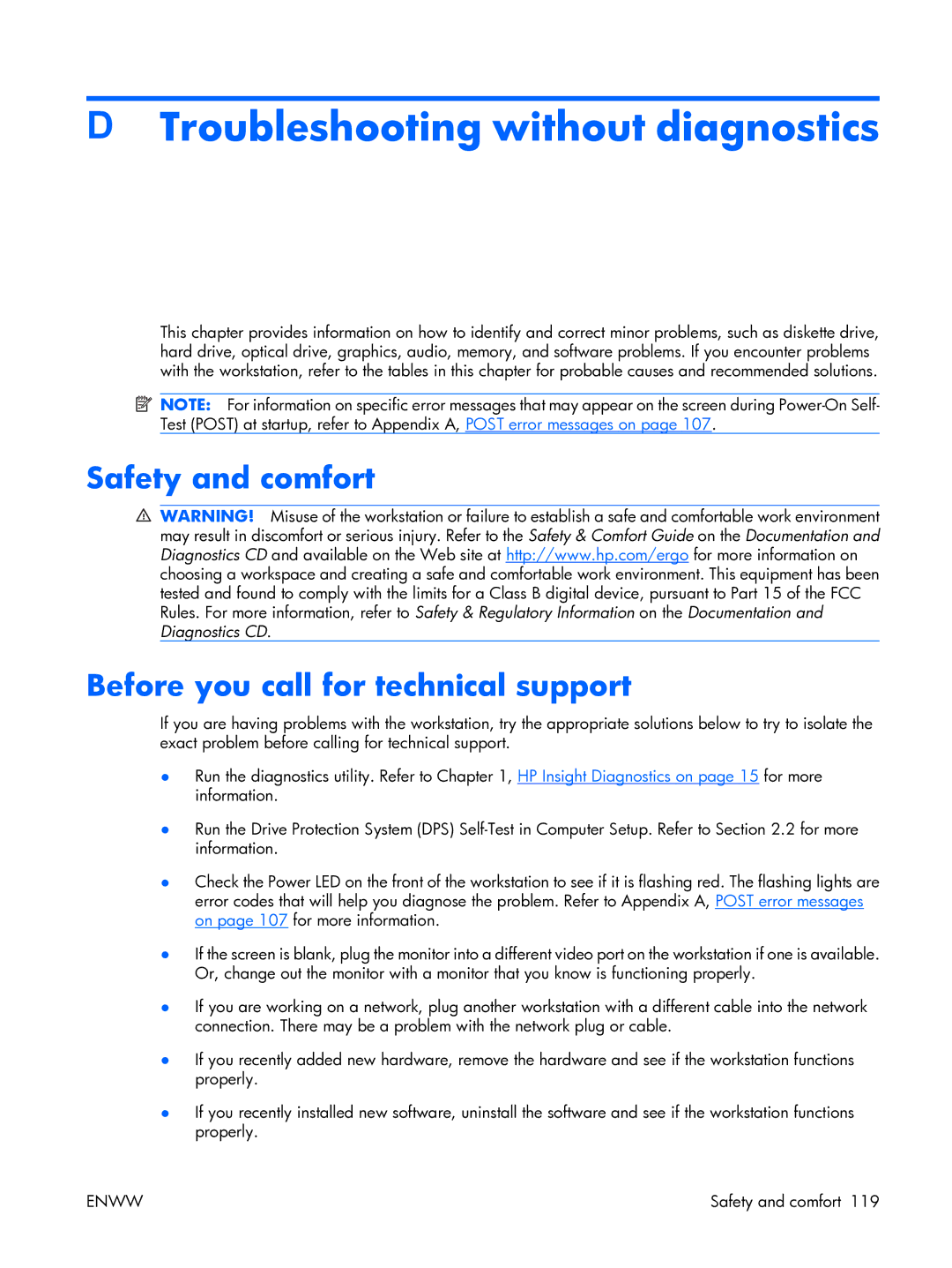 HP XW3400 manual Troubleshooting without diagnostics, Safety and comfort Before you call for technical support 