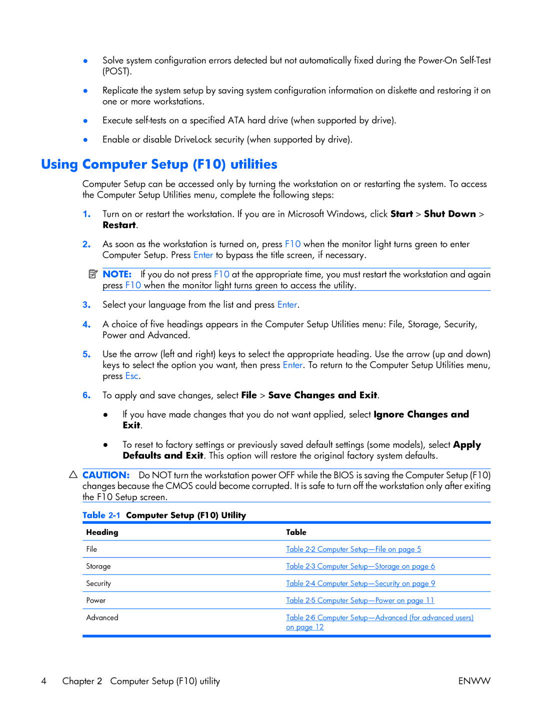 HP XW3400 manual Using Computer Setup F10 utilities, Heading 