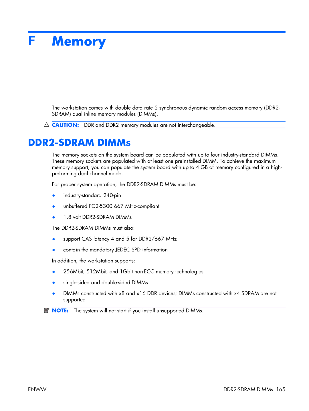 HP XW3400 manual Memory, DDR2-SDRAM DIMMs 